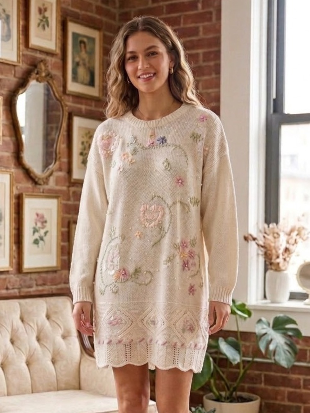 VINTAGE CELINA YANG EMBROIDERED KNIT SWEATER DRESS size XL